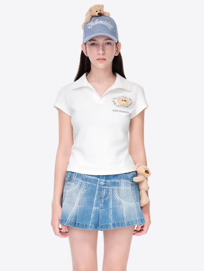 Rhinestone-Embellished Slim-Fit Cropped Polo T-Shirt
