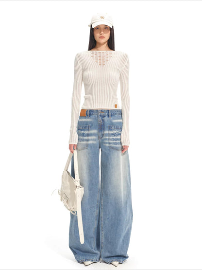 Low-Rise Wide-Leg Denim Pants