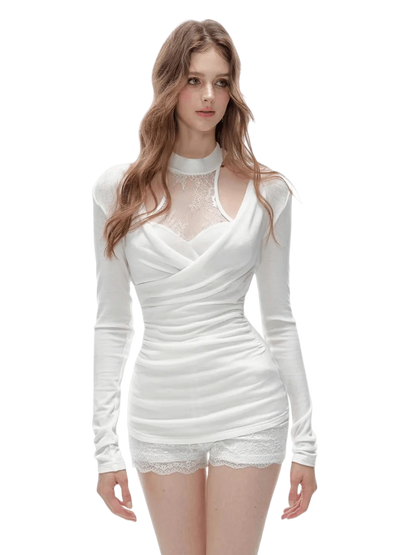 Lace Top Tailored Shorts Pleated Sheer Cardigan Set