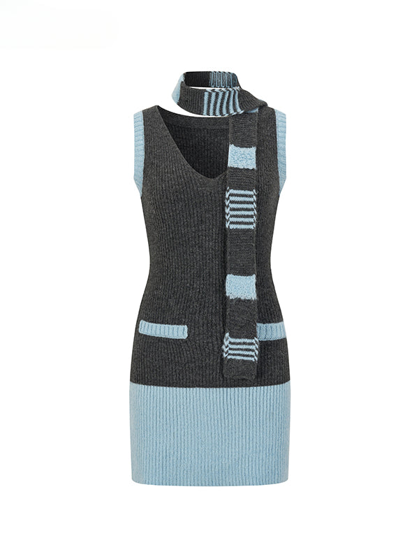 Color-block Knit Cardigan Dress &amp; Scarf Set