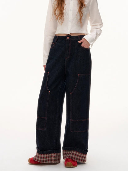 Plaid Cuff Wide-Leg Jeans