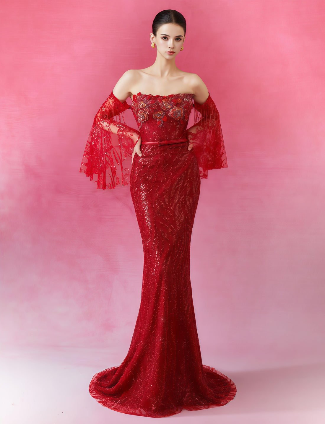 Crimson Embroidered Off-Shoulder Mermaid Gown with Sheer Flared Sleeves