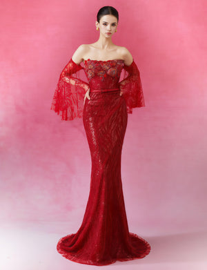 Crimson Embroidered Off-Shoulder Mermaid Gown with Sheer Flared Sleeves