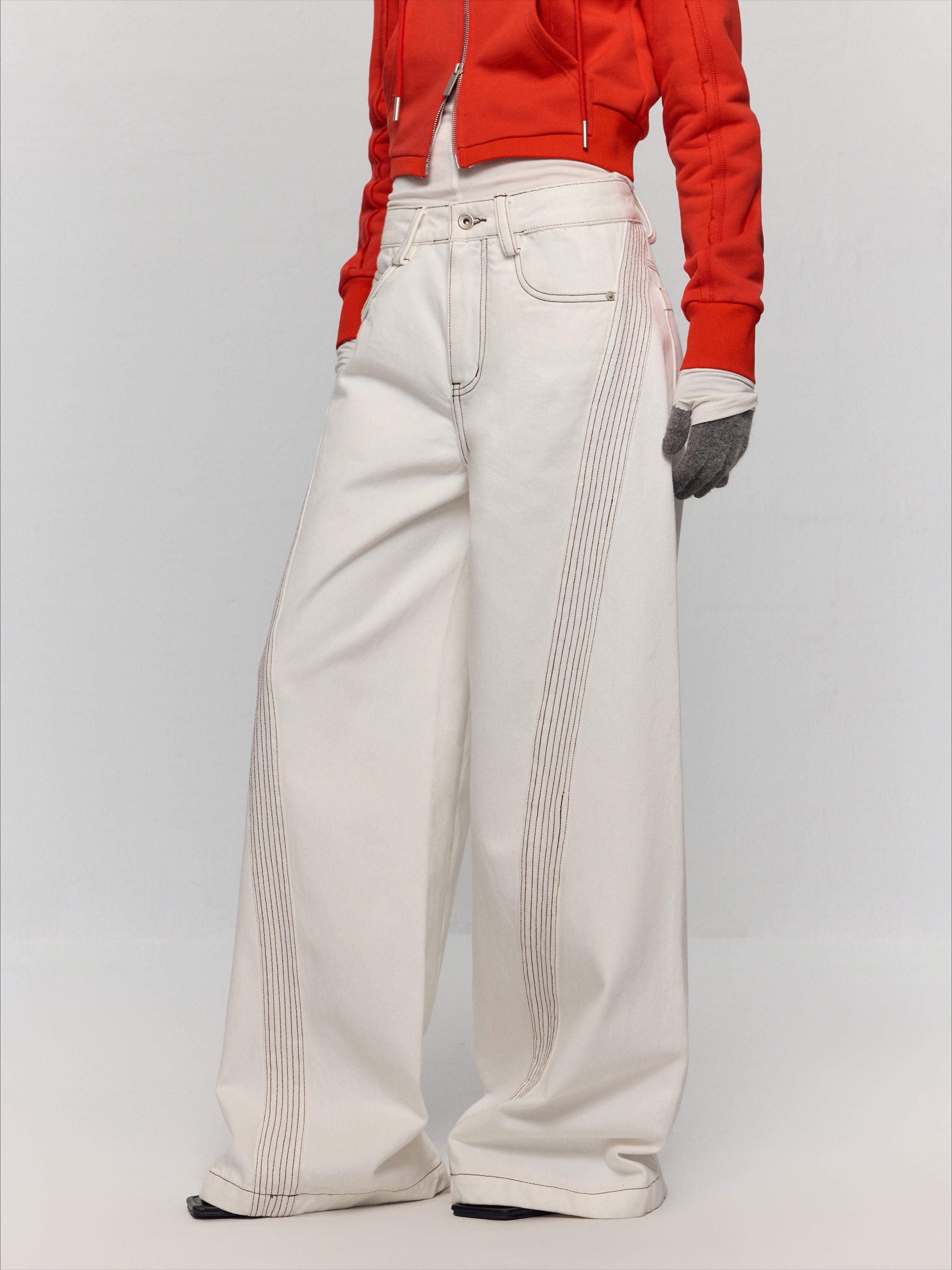 White Jeans Clear Stitching Wide-Leg Pants Jeans