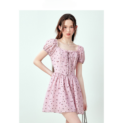 Pink Tie-strap Square-neck Floral Dress