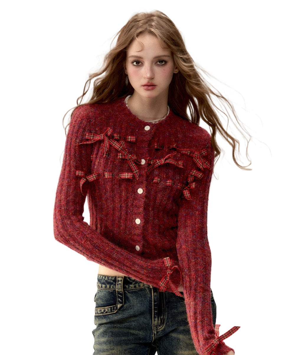 Red &amp; Black Bow Decorated Knit Cardigan - CHINASQUAD