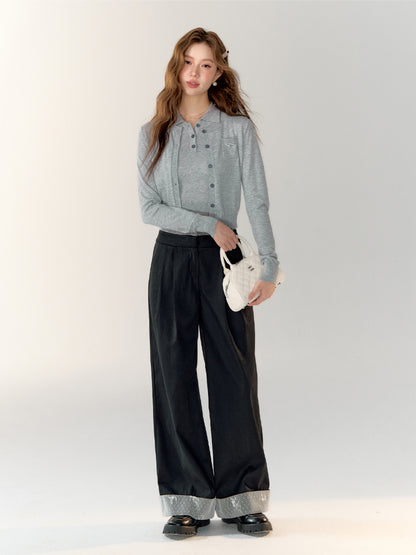 Lace-Patchwork Pleated Straight-leg Suit Pants