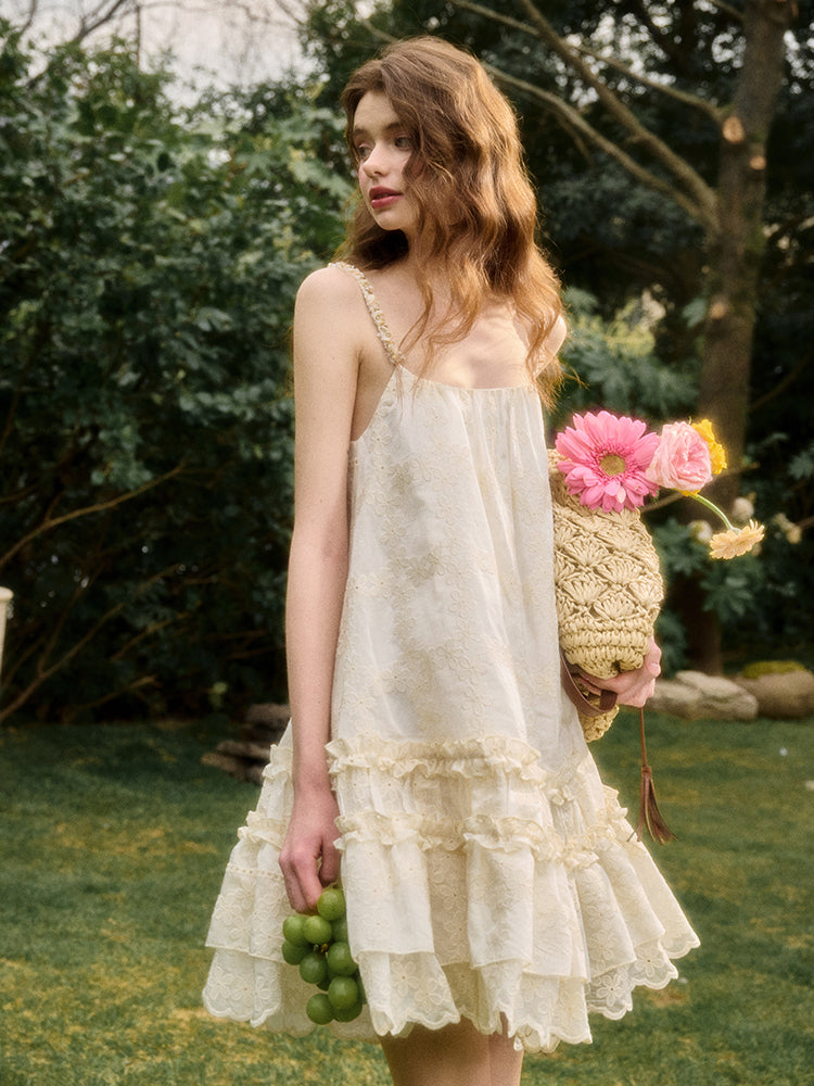 Handcrafted Shell Pleated Lace Strap Dress