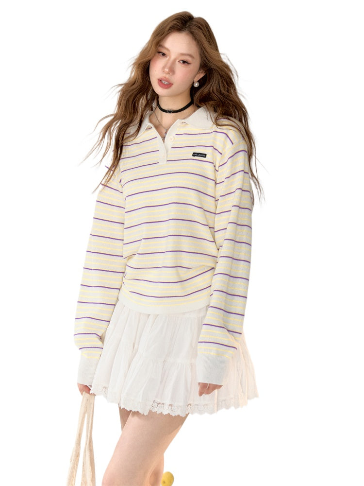 Color-block Striped Knit Polo Top