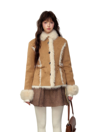 Khaki &amp; Pink Shearling Coat