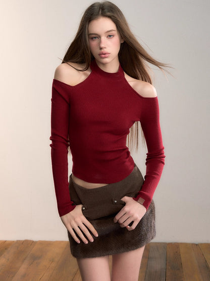 Reversible Cold-Shoulder Knit Turtleneck