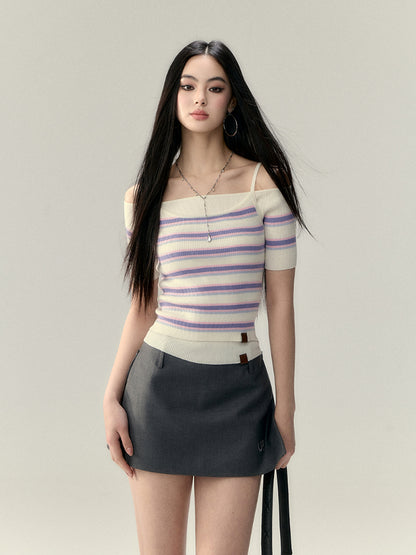 Striped Off-Shoulder Knit Short-Sleeve T-shirt