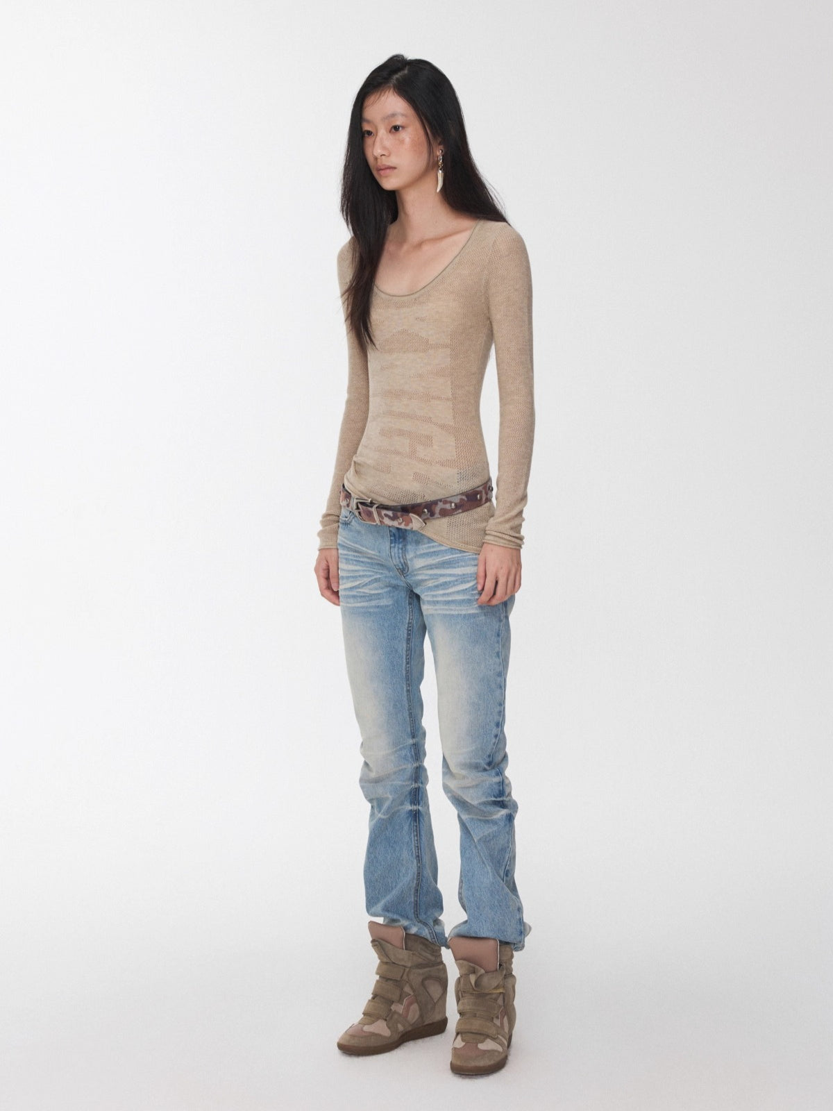 Textured Jacquard Knit Round-Neck Sweater