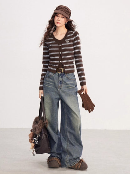 Layered-Effect Striped Knit V-Neck