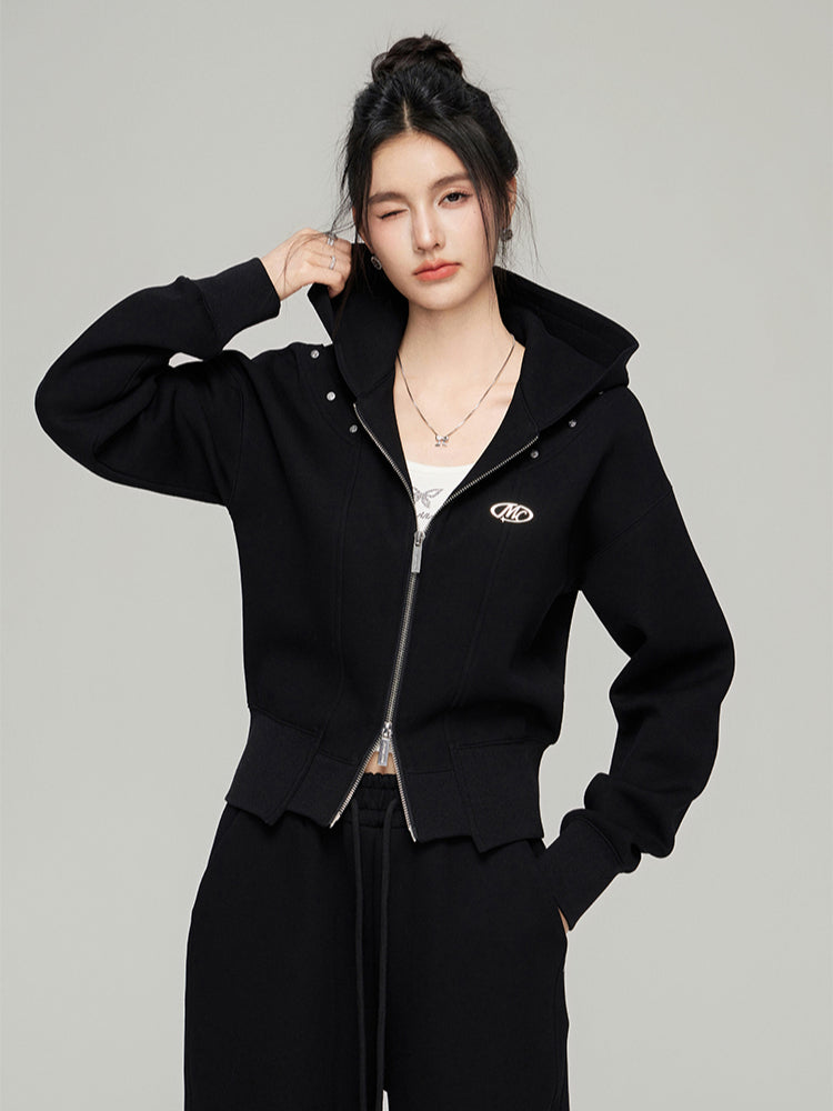 Black &amp; White Zipper Casual Hoodie Set