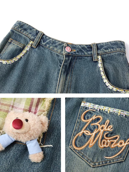 Distressed Plaid Straight-Leg Wide Jeans