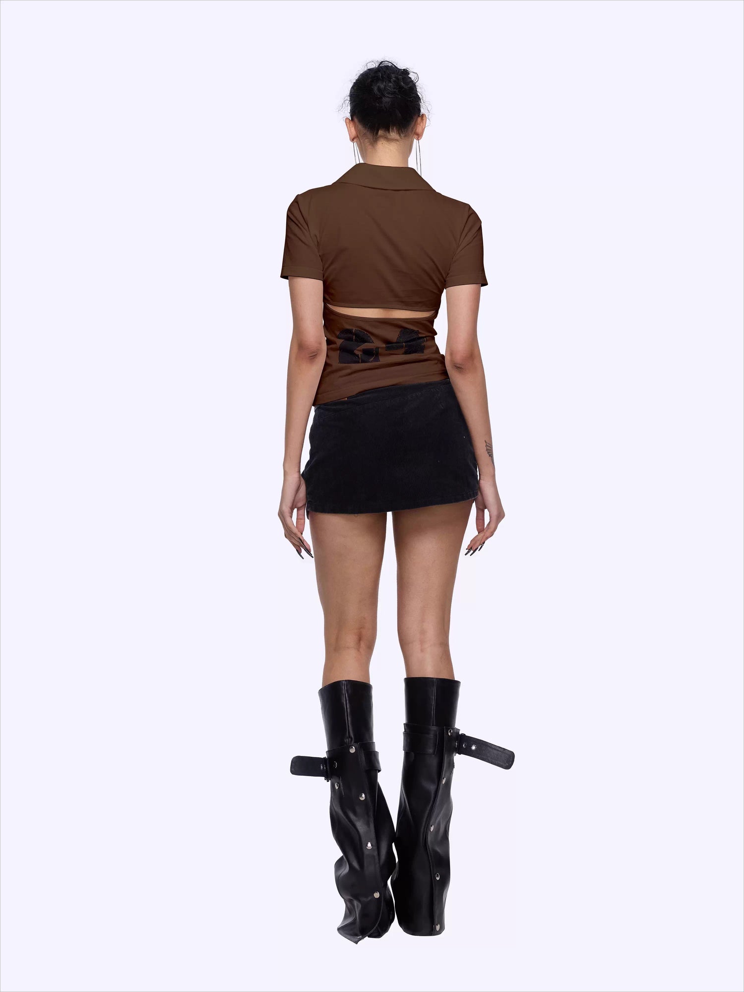 Backless Letter Print Lace-Trim Polo T-Shirt