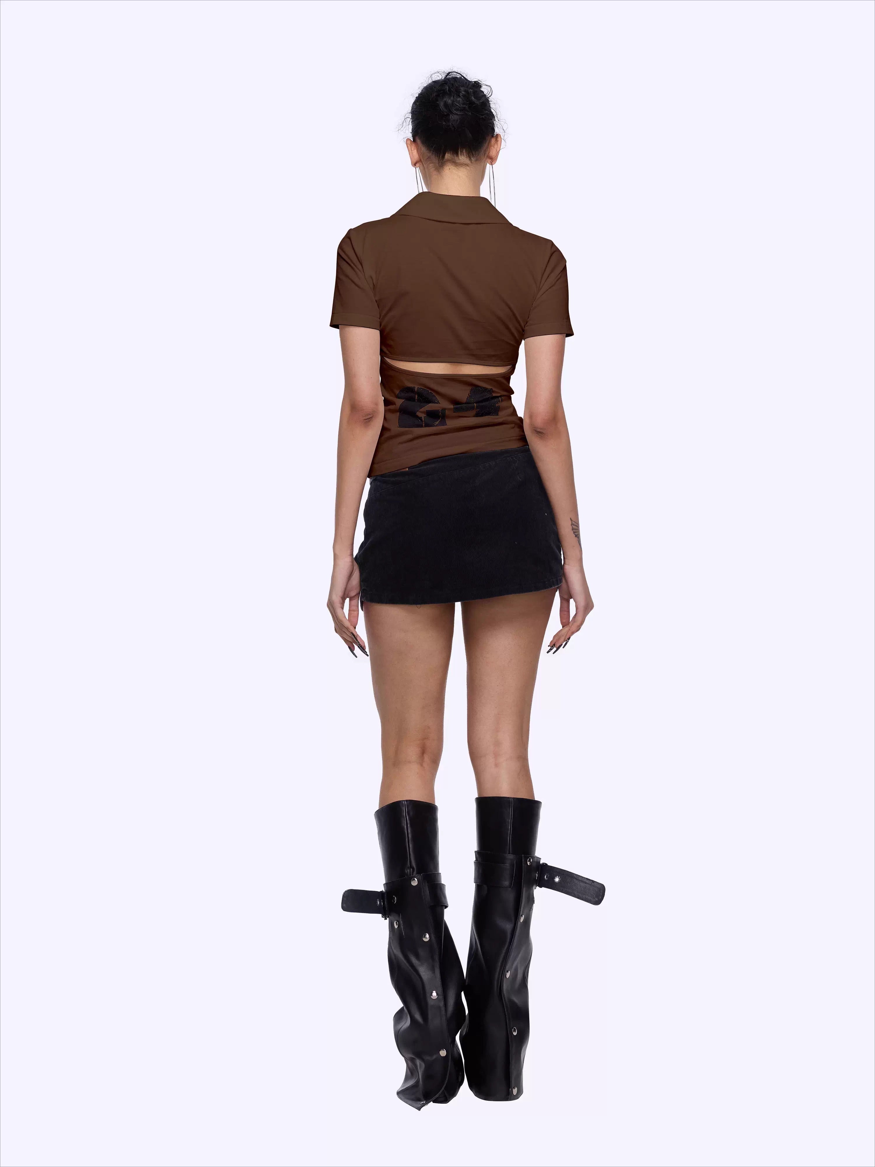 Backless Letter Print Lace-Trim Polo T-Shirt