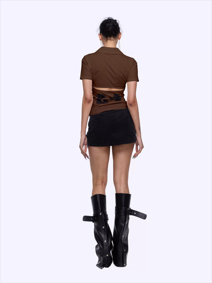 Backless Letter Print Lace-Trim Polo T-Shirt