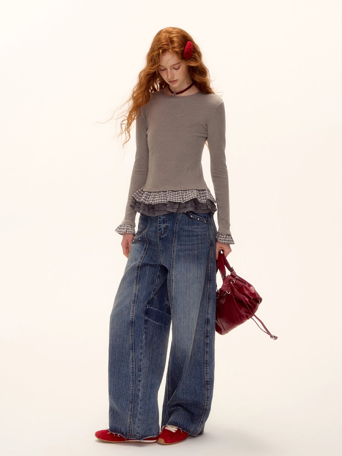 Tencel Wool Plaid Patchwork T-Shirt