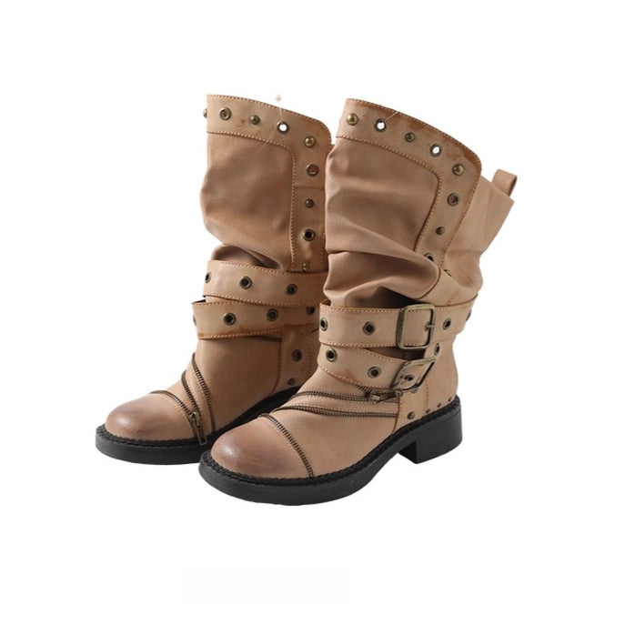 Retro Distressed Rivet Zipper Mid-Calf Boots