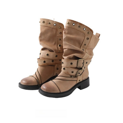 Retro Distressed Rivet Zipper Mid-Calf Boots