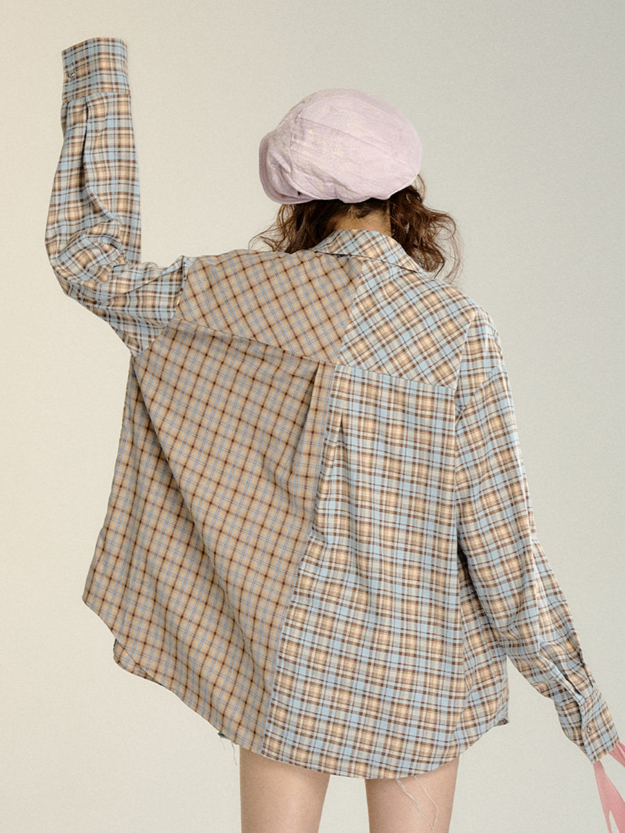 Color-blocked Plaid Oversized Shirt