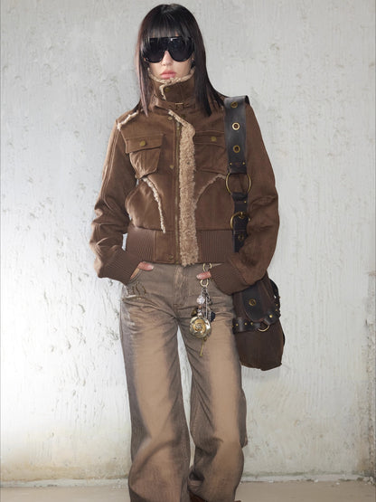 Faux Shearling Ribbed Short Jacket