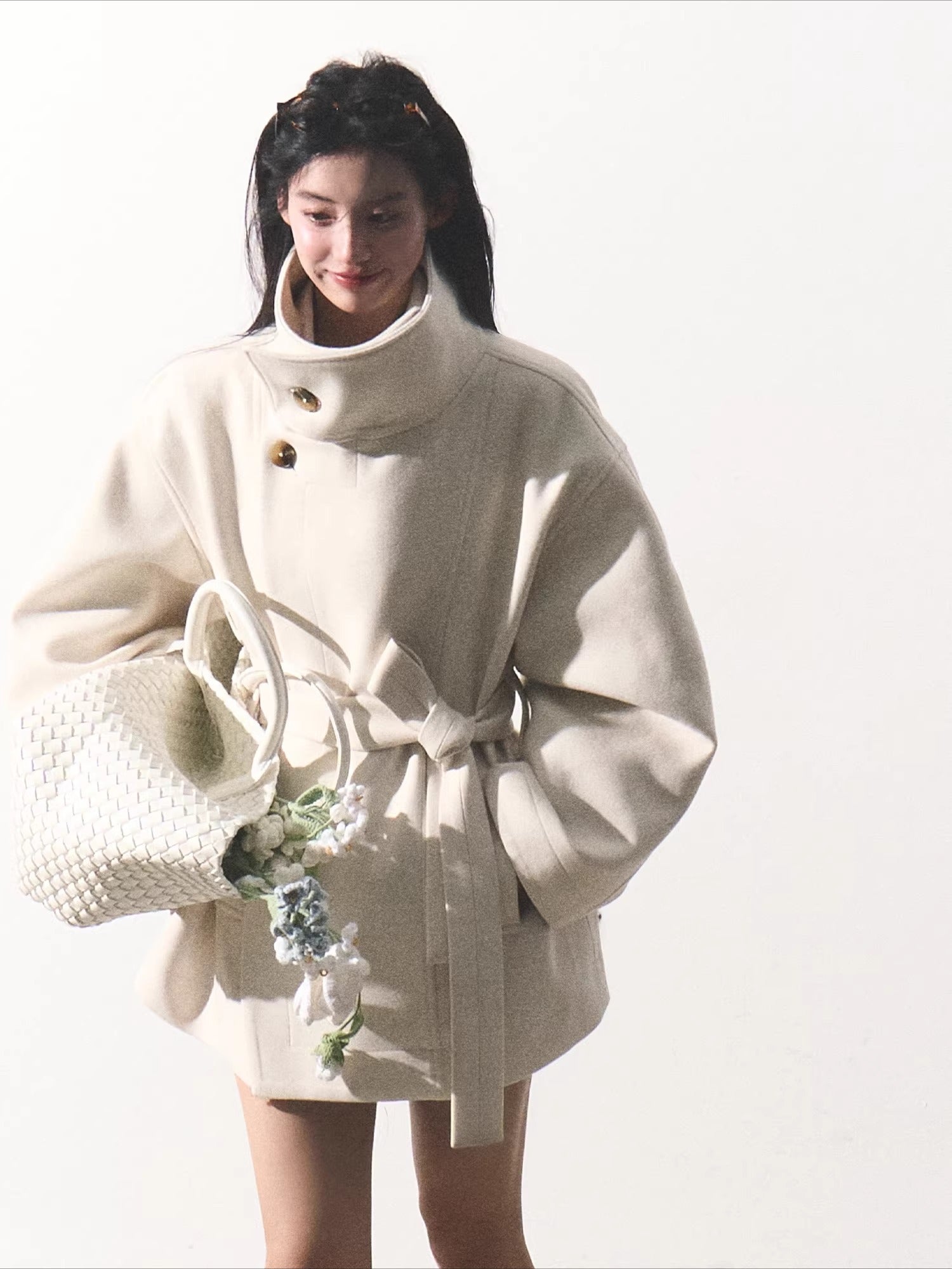 Stand-Collar Wool Short Coat