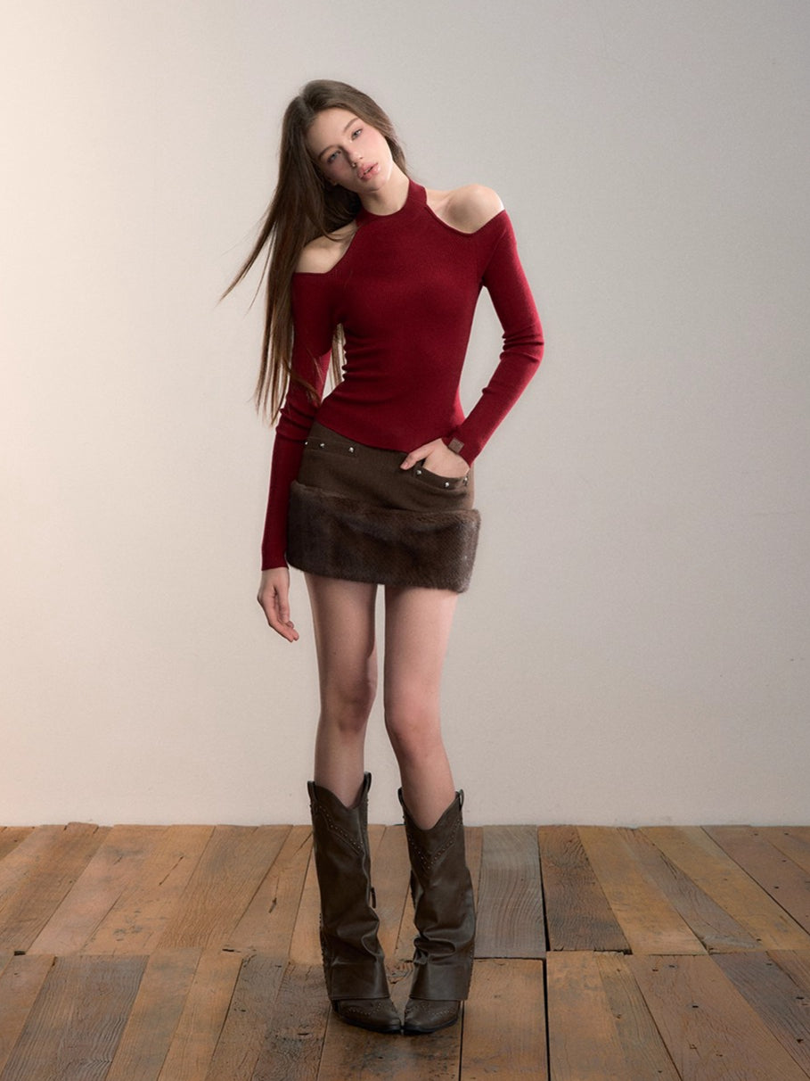 Reversible Cold-Shoulder Knit Turtleneck