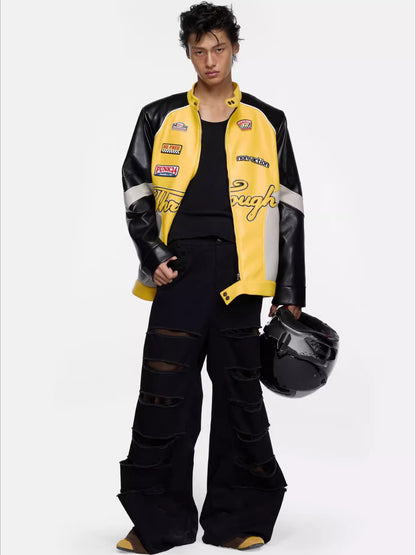 Contrast-Color Faux Leather Jacket