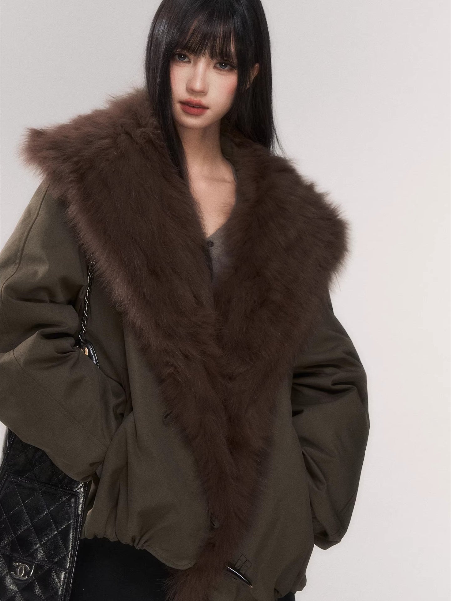 Fur Collar Goose Down Cropped Puffer Jacket