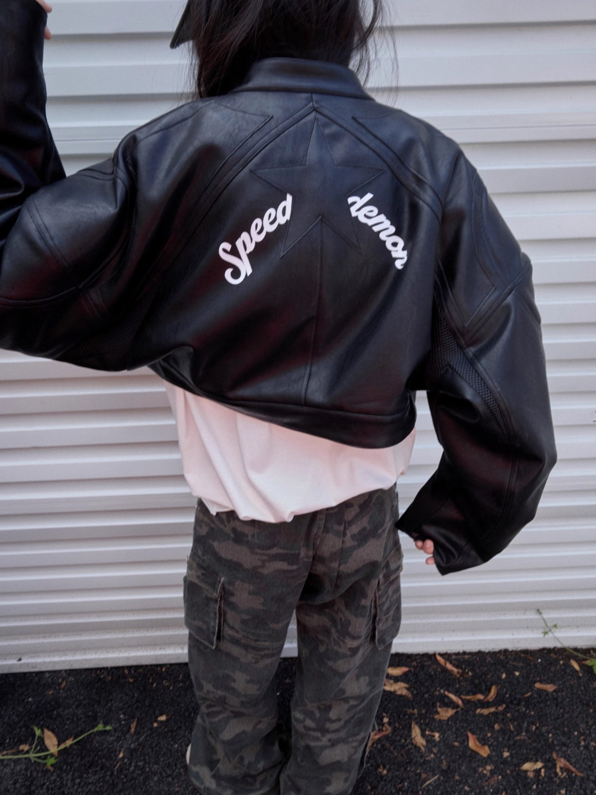 Letter Print Structured Cropped Moto Jacket