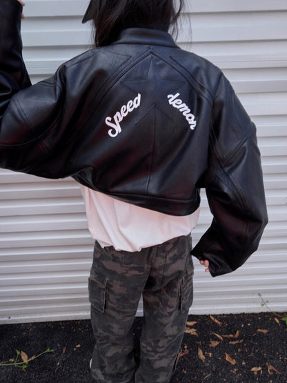 Letter Print Structured Cropped Moto Jacket