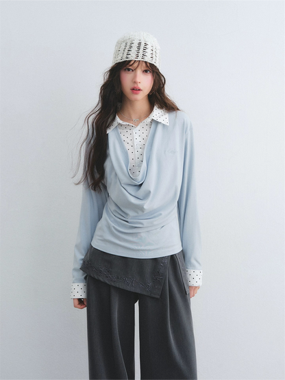 Polka Dot Shirt Panel Faux-Layer Draped Collar Top