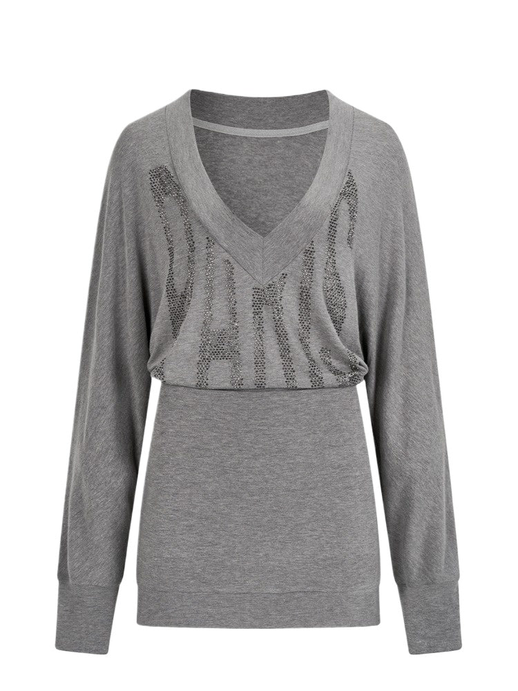 Silver Paris V-neck Rhinestone Sweatshirt Dress