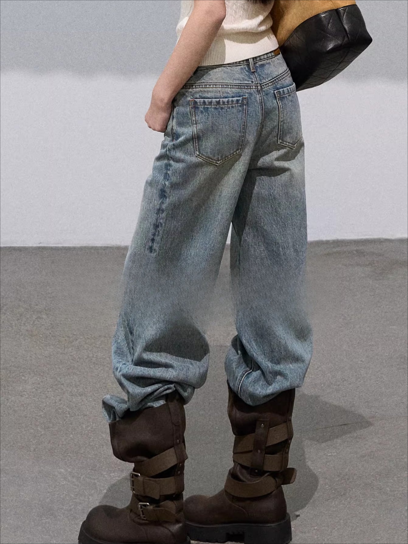 Vintage Petal-Tie Mid-Calf Leather Boots