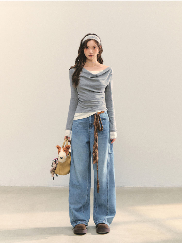 Dangle Collar Fake Two-Piece Color-Blocked Blouse - CHINASQUAD