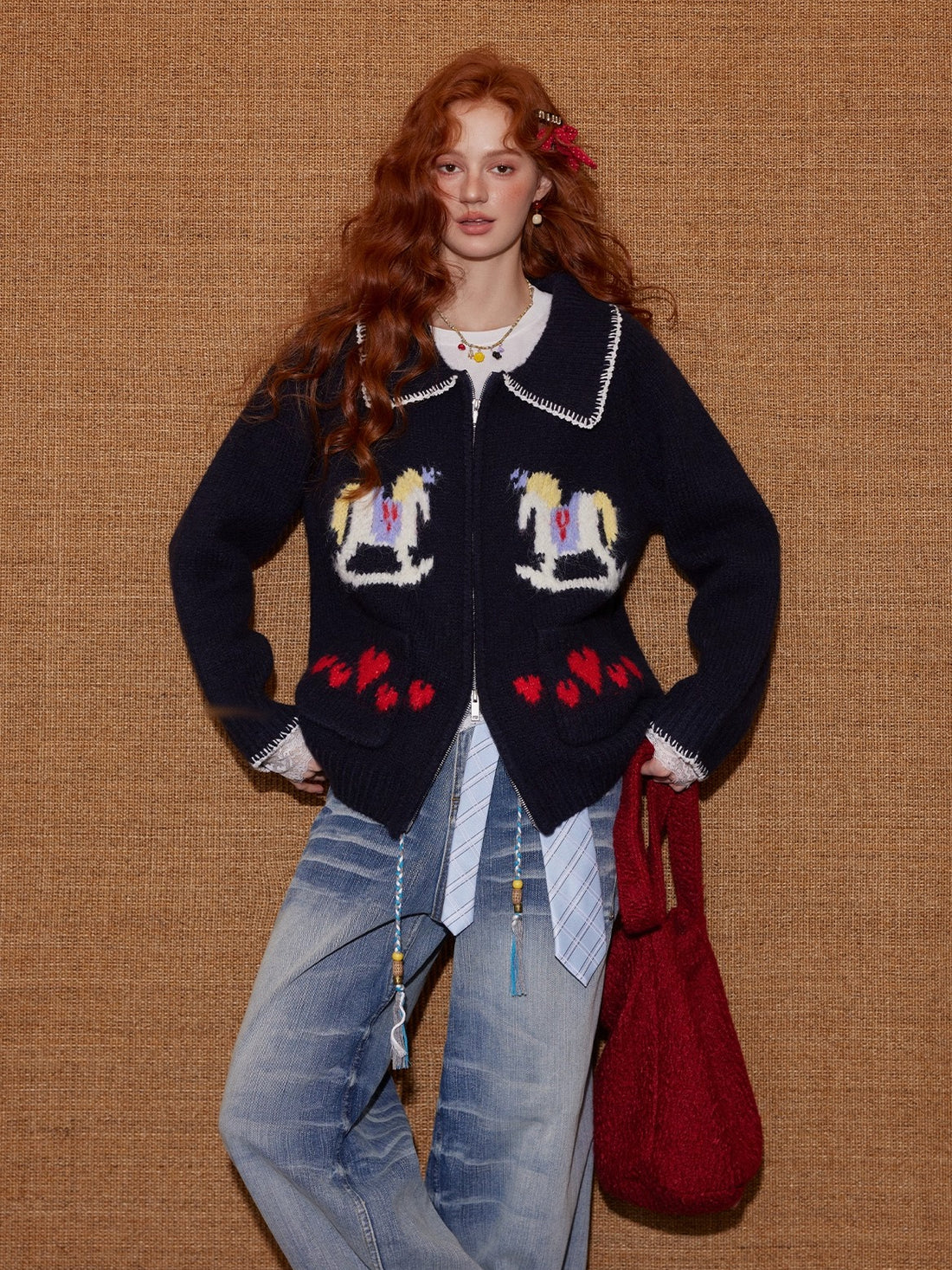Contrast-Trim Pony Jacquard Zip-Up Knit Cardigan
