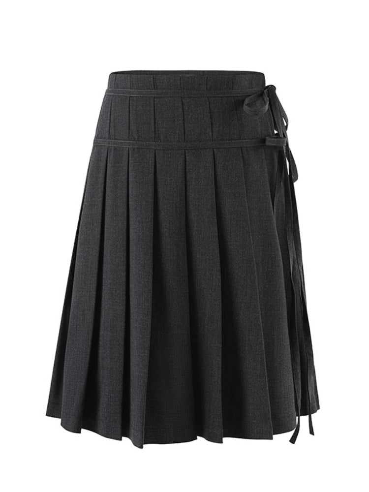 Dark Grey Tie-Waist Pleated Midi Skirt - CHINASQUAD