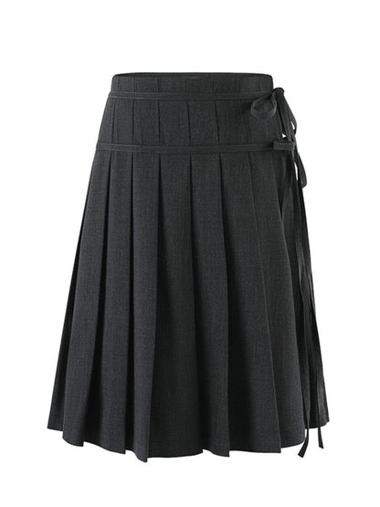 Dark Grey Tie-Waist Pleated Midi Skirt - CHINASQUAD