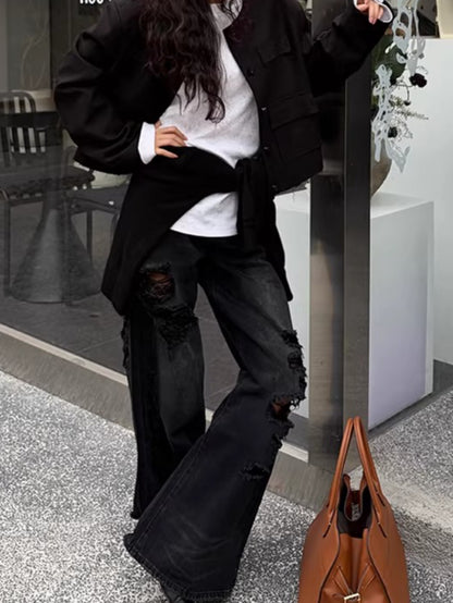 Washed Fringe-Edge Collarless Cropped Blazer