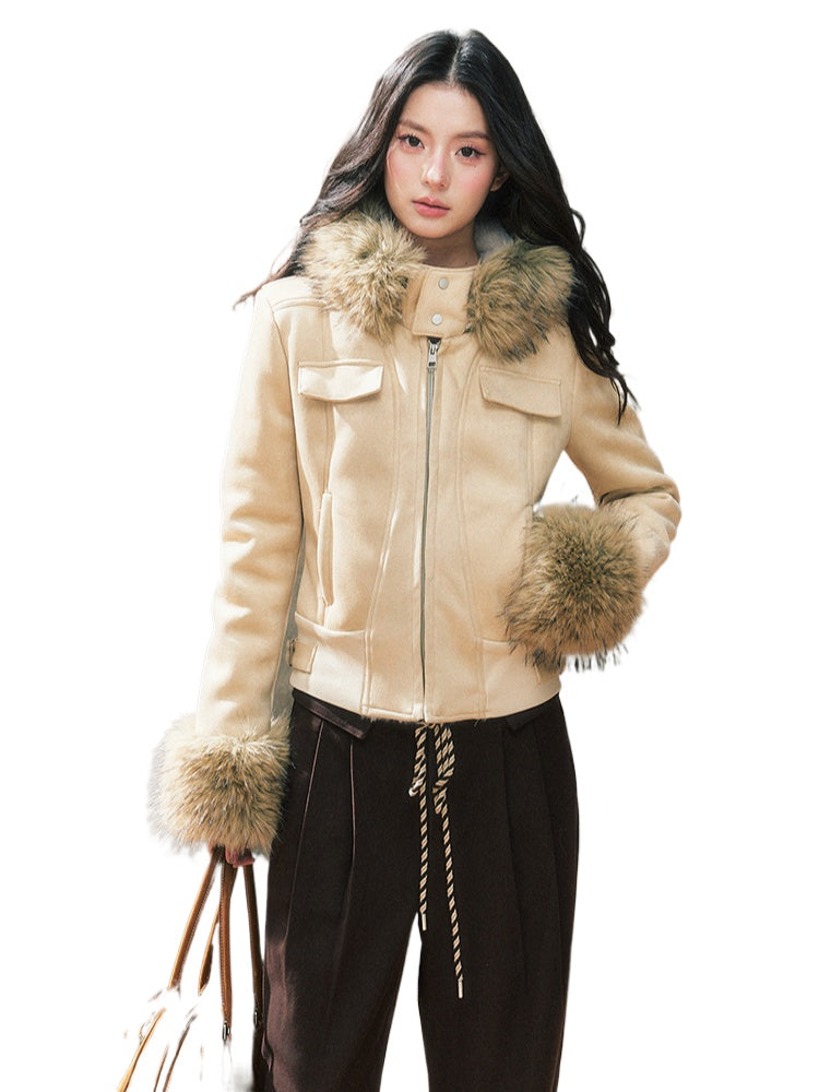 Two-Tone Hooded Fur Collar Shearling Coat