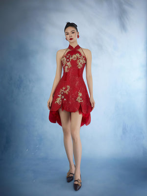 Oriental Embroidered High-Low Halter Dress