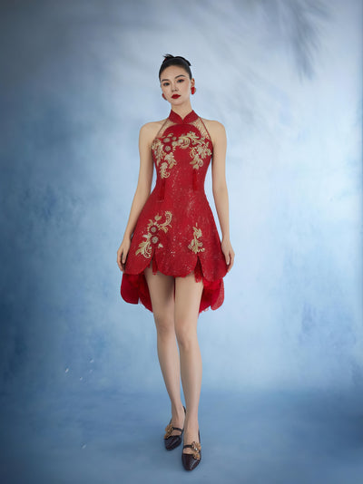 Oriental Embroidered High-Low Halter Dress