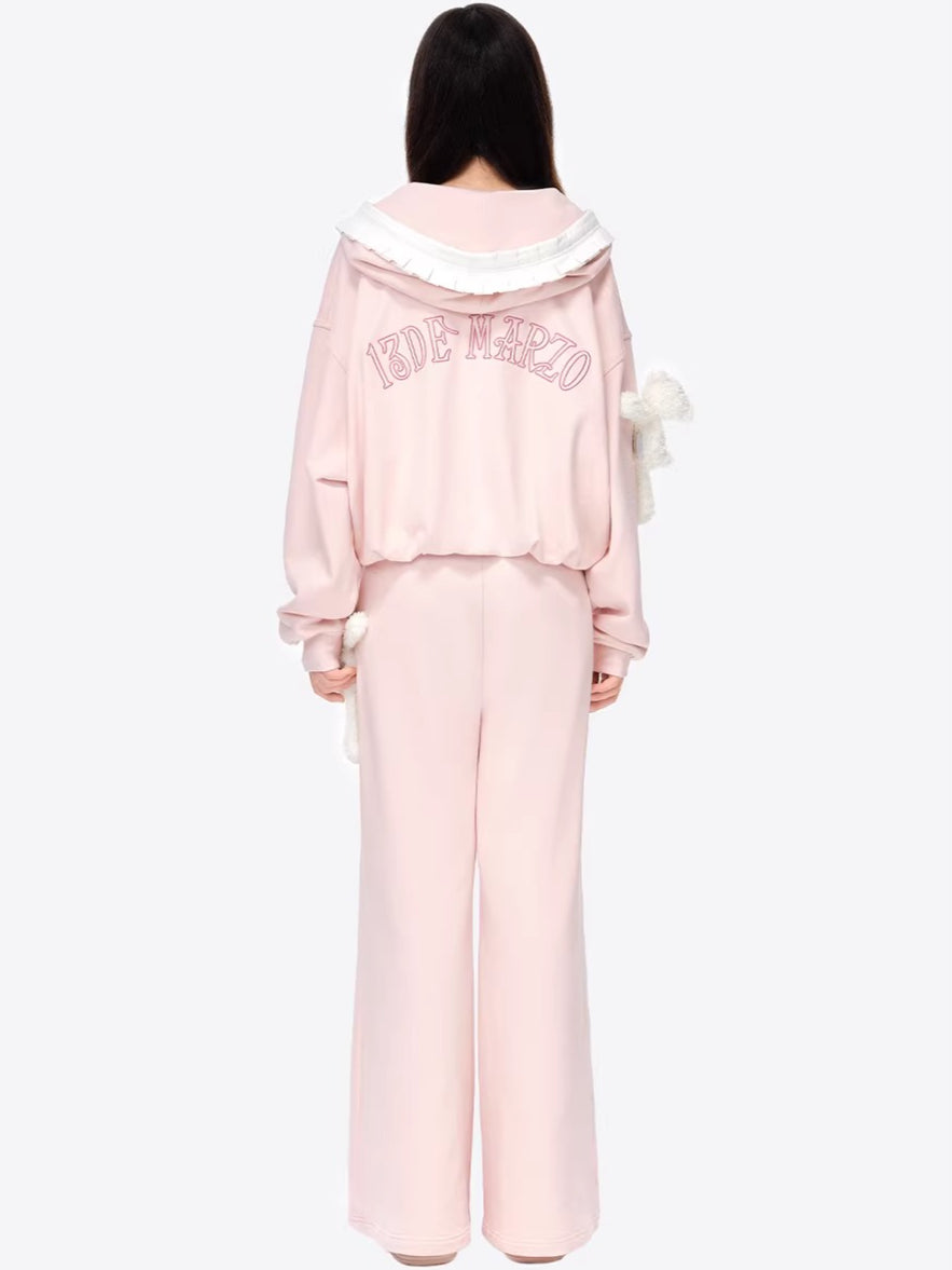 Ruffled Hooded Zip-Up Cropped Sweatshirt