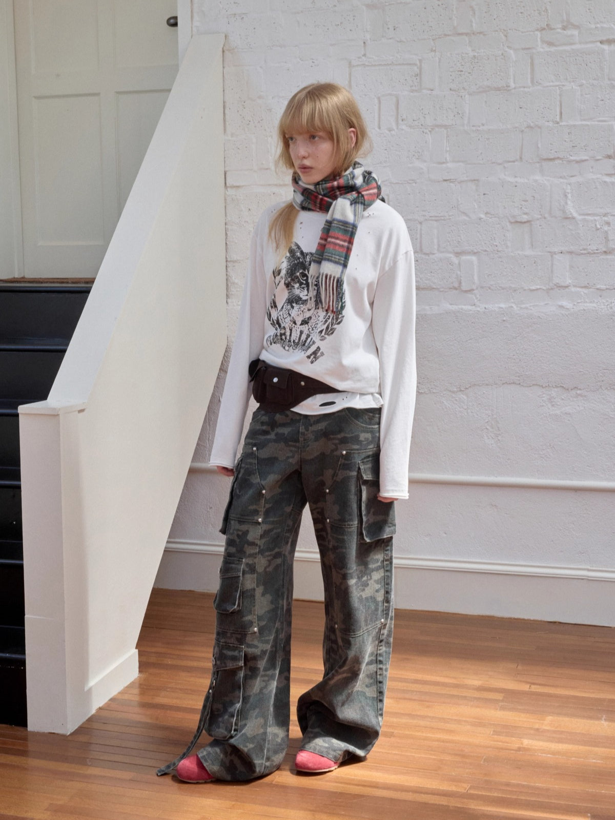 Washed Camouflage Multi-Pocket Cargo Wide-Leg Pants