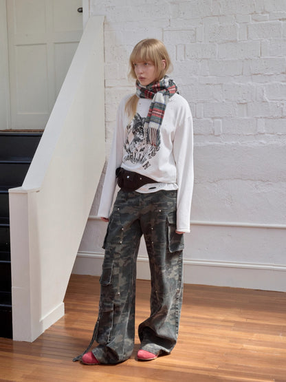 Washed Camouflage Multi-Pocket Cargo Wide-Leg Pants
