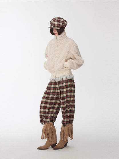 Vintage Red Plaid Brushed Cotton Wide-Leg Pants