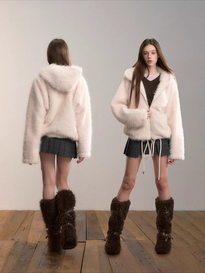 Fuzzy Hooded Plush Sweatshirt Jacket